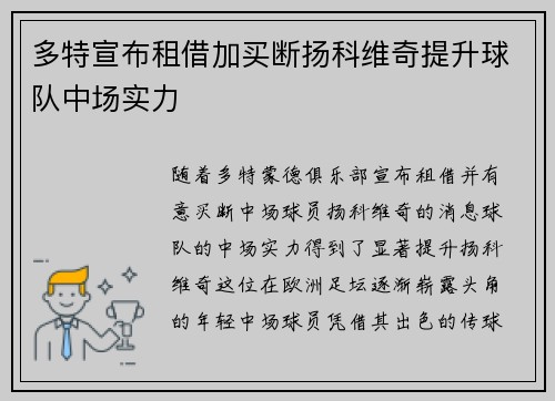 多特宣布租借加买断扬科维奇提升球队中场实力 多特宣布租借加买断扬科维奇提升球队中场实力