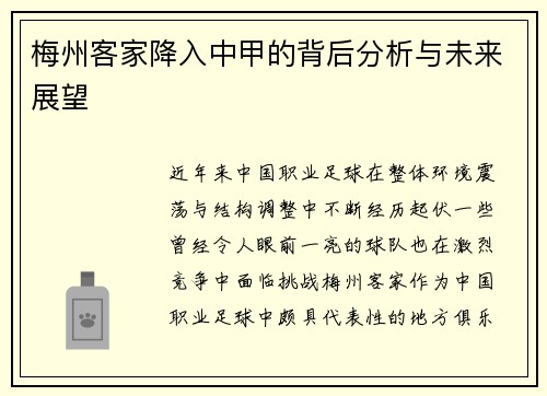 梅州客家降入中甲的背后分析与未来展望 梅州客家降入中甲的背后分析与未来展望